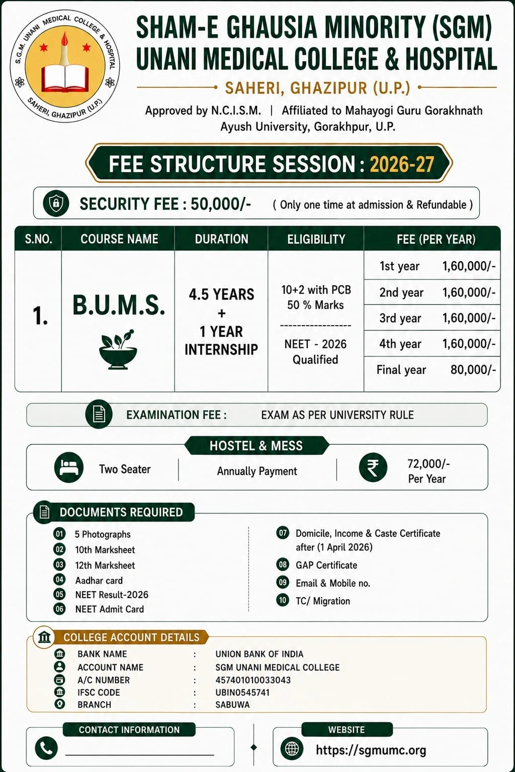 B.U.M.S. fee structure